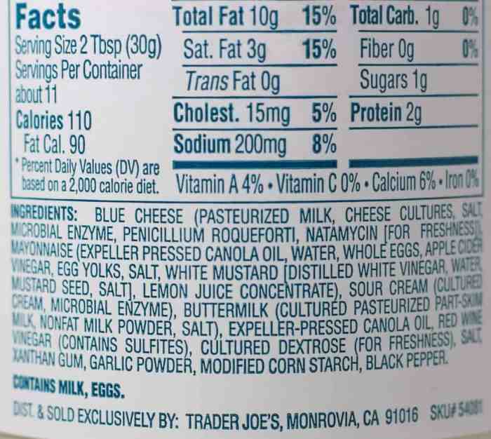 Blue cheese dressing nutrition label